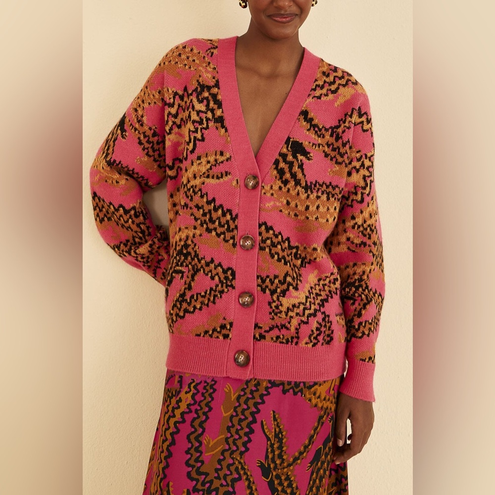 FARM RIO Pink Croco Knit Sweater Cardigan crocodile